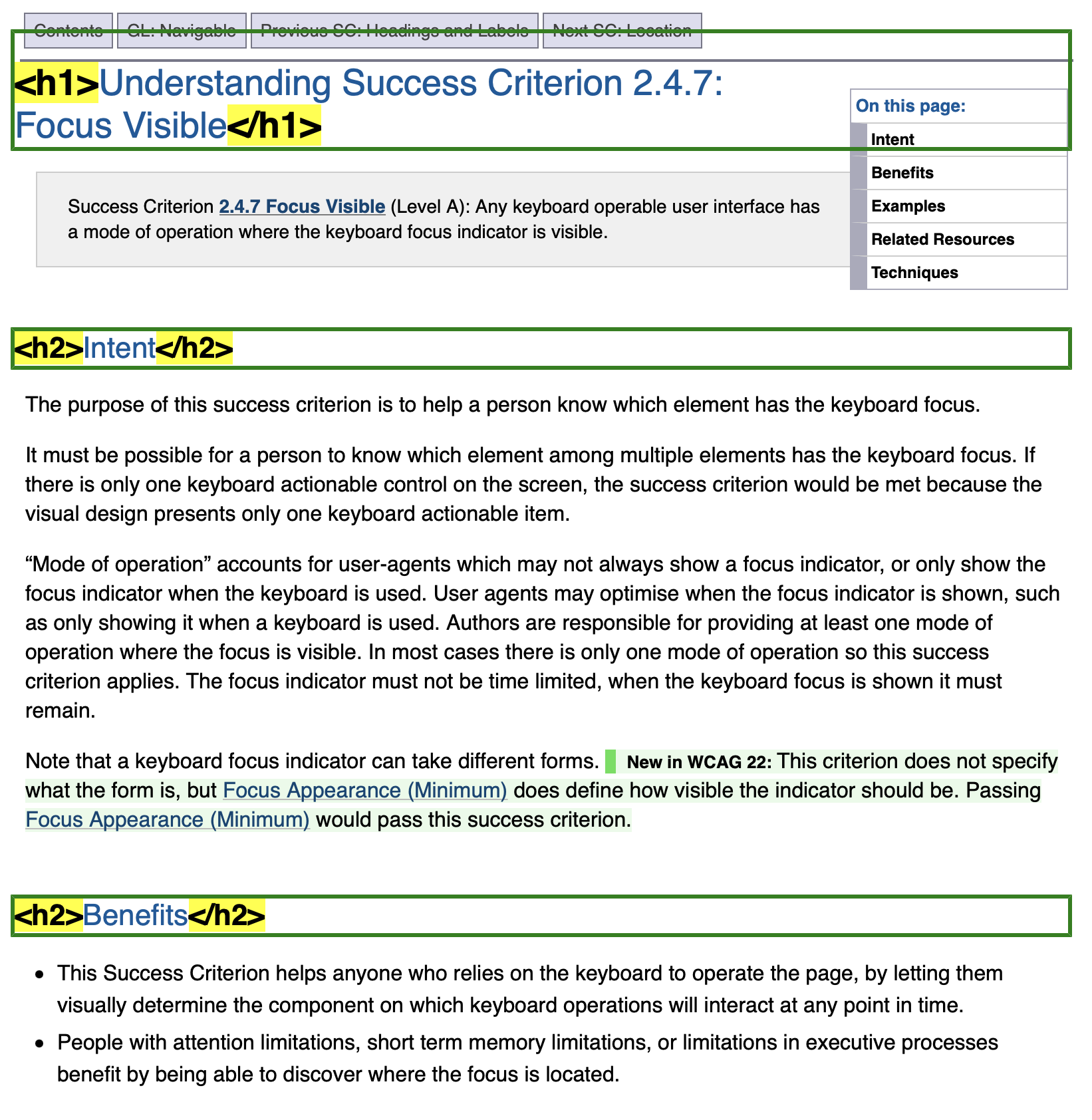 Screenshot of a WCAG understanding success criterion page with the headings and levels displayed using the a11yTools accessibility testing tool. There is a main H1 and H2 subheadings displayed.